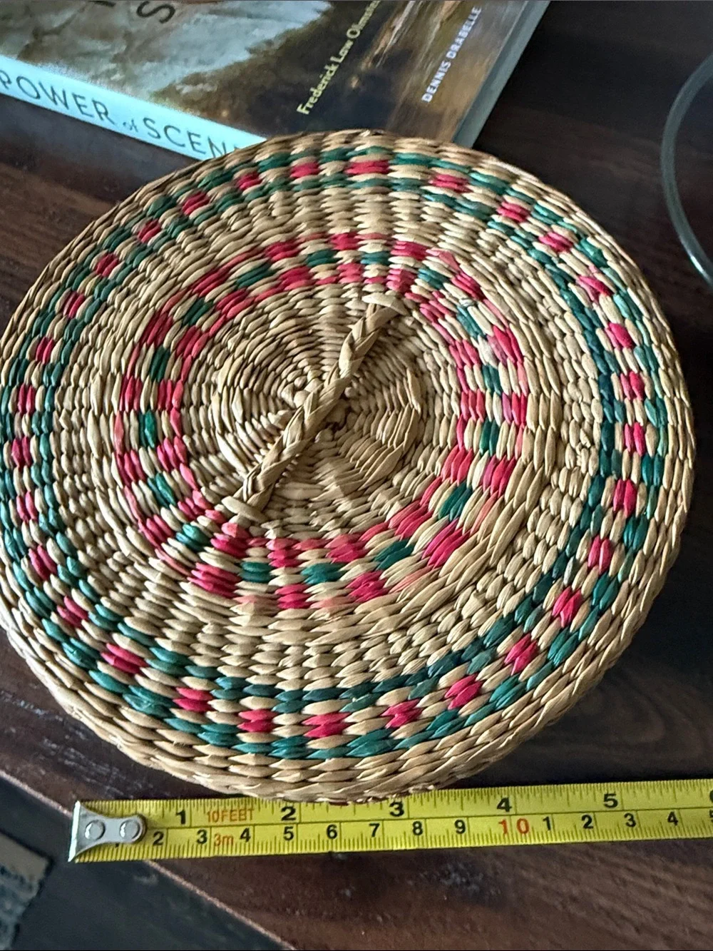 Handwoven Natural Straw Small Storage Basket with Red and Teal Boho Rustic